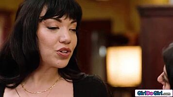 petite brunette trembles seducing big-tit latina milf boss