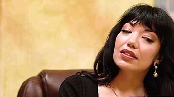 petite brunette trembles seducing big-tit latina milf boss