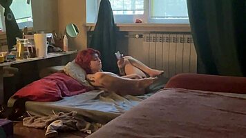 horny redhead girlfriend moans as her hairy pussy gets fingered deep 😏