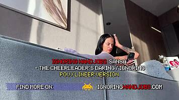 skinny tattooed cheerleader teases handjob reveal