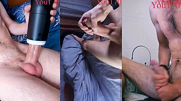 suggestive triple pleasure from this muscular guy's monster cock moans