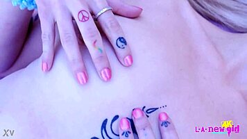 Petite blonde milf strips naked for close-up sofa massage tease