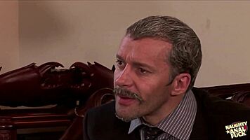 Spanking Lingerie Secretary Sinks onto Old Cock for Bent-Over Cowgirl Ride