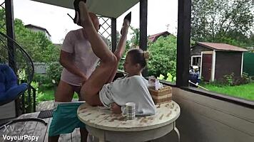 horny old man sensually licks skinny girlfriend in garden