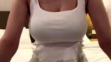 gorgeous horny milf in miniskirt masturbates big natural tits on webcam massage