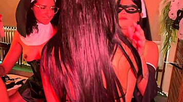 Lesbian quartet rips clothes for wet halloween orgy frenzy