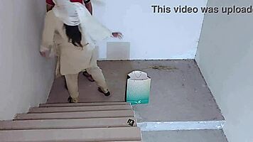 Secret Stairway Fuck with Tight Shaved Pussy and Big Natural Tits