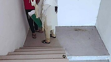 Secret Stairway Fuck with Tight Shaved Pussy and Big Natural Tits