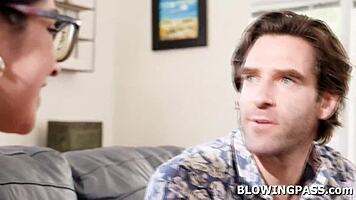 Bold tutor rams deepthroat blowjob down petite Latina teen babe's gagging throat at home