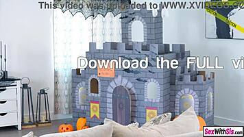 Petite babes share big cock in taboo halloween threesome hardcore fuck