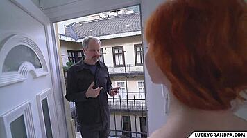 old stud ravages busty redhead's curves