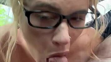 i pick up streetwalker with glasses she deepthroats my cock then suckks evry drop after i cum in her mouth