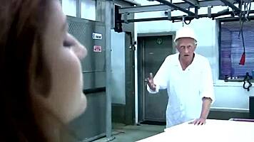 Brunette Teen RIDES Old Stud COWGIRL in Kitchen Licking Pussy!