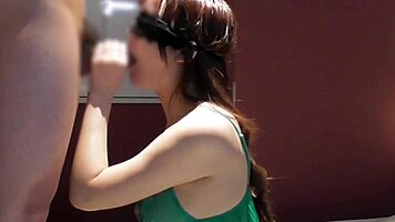 Sexy lingerie Asian beauty gives close-up handjob blowjob till cum in mouth