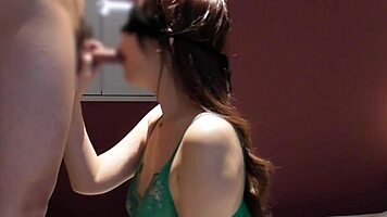 Sexy lingerie Asian beauty gives close-up handjob blowjob till cum in mouth