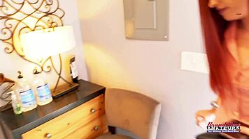 Nerdy redhead Olivia X fingers wet pussy, deepthroats cock, then rides to facial swallow.