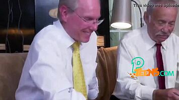 Kinky old dude rams his thick cock into petite teen's shaved pussy doggystyle.