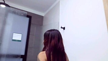 brunette bombshell squirts triple in shower challenge gush