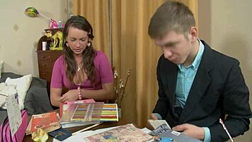 Beauty brunette teen deepthroats monster cock bent over doggystyle anal finger gaping