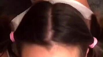 Horny Young Brunette Flashes Tits For Teacher's Thick Cock Blowjob