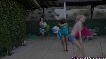 tribbing lesbians grind wet pussies outdoors in bikinis
