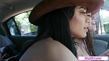 Two hitchhiker stepsiblings seduce driver for threesome fingering fun