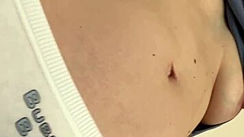 Petite Italian cutie chokes on cock during intense footjob workout POV