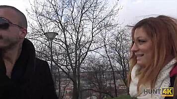 Angry boyfriend watches slutty redhead gf fingered and blown by stranger