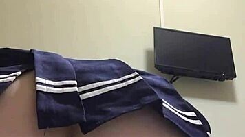 russian brunette rides dildo reverse cowgirl sucking fingers close-up skirt