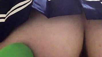 russian brunette rides dildo reverse cowgirl sucking fingers close-up skirt