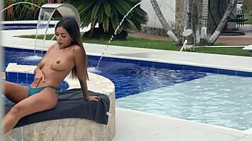 Voyeur Hardens Watching Poolside Latina Masturbation Spreading Legs