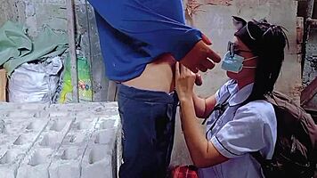 Mouthwatering deepthroat blowjob devours neighbor's cock before school rush