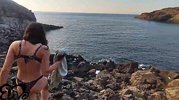 Webcam tease flashes tits then drops for seaside blowjob adventure