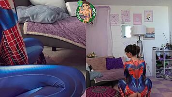 petite latina spiderman cosplay aubry babcock gives full girlfriend experience