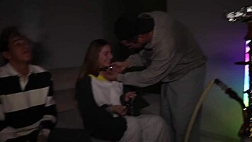 Cute Slut's Mouth and Pussy Pounded by Three Cocks at Party