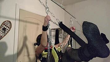 Chained Rhianna's Petite Shaved Pussy Sucked Hardcore in Swing!