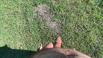 Masterbating naked outdoors in fall with dirty talk and feet
