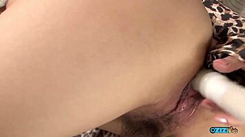 she wore leopard print and shoved sex toys wildly into tight pussy big clit nipples puffy