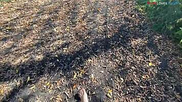 Masterbating naked outdoors in fall with dirty talk and feet