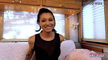 Skinny big titted brunette raven lane strips teases and dildo fucks her shaved pussy