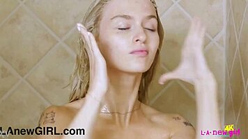 stunning petite blonde milf strips in shower for daddy's photoshoot interview