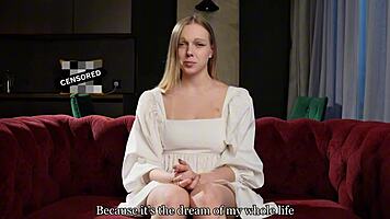 virgin blonde cutie opens shaved pussy for director casting tease feet