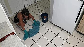 petite milf maid slave with anal tail plug gets rough dp creampie in kitchen