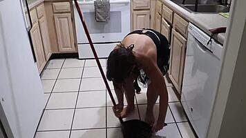 petite milf maid slave with anal tail plug gets rough dp creampie in kitchen