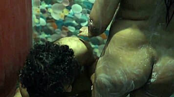 Desi housewife licks cock hungrily in hot shower foreplay