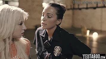 Big tits milf cop straps on huge cock to punish tiny teen criminal deep and hard