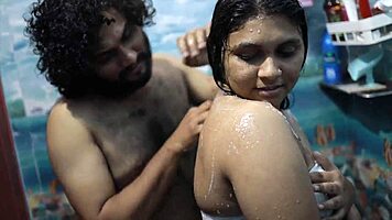 Desi housewife licks cock hungrily in hot shower foreplay