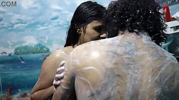 Desi housewife licks cock hungrily in hot shower foreplay