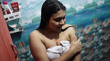 Desi housewife licks cock hungrily in hot shower foreplay