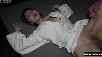submissive petite japanese teen punished with rough face fucking deepthroat and creampie in garage